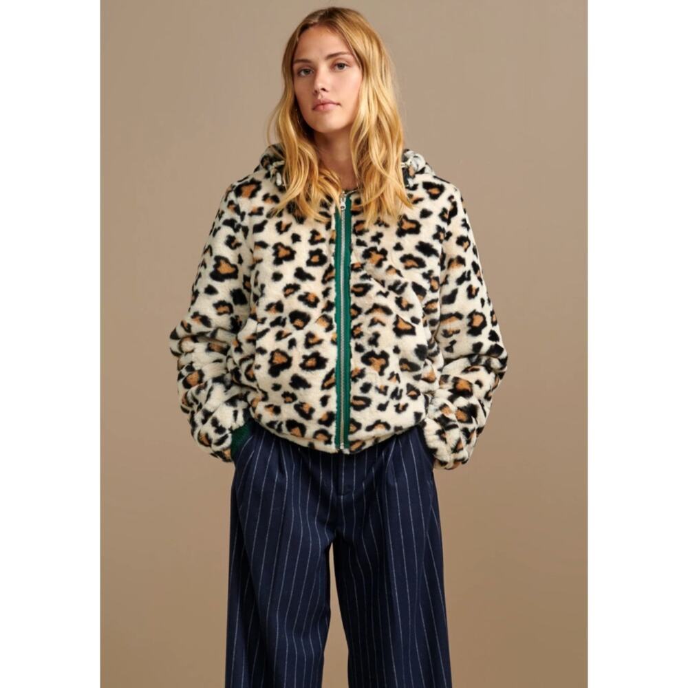 Bellerose Cream Leopard Print Teddy Jacket with Green Trim